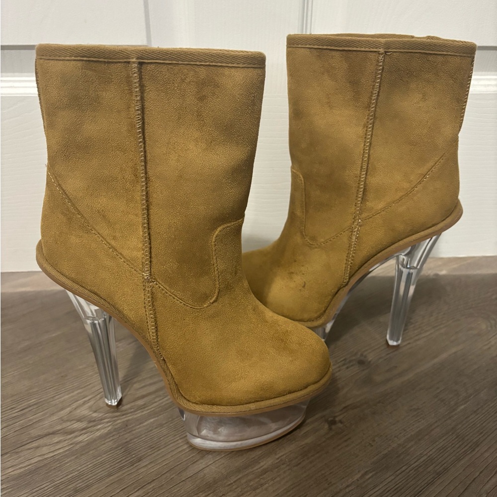 NWOB Dolls Kill / Darker Wavs Brown Kickdrum Suede Clear Platform Boots